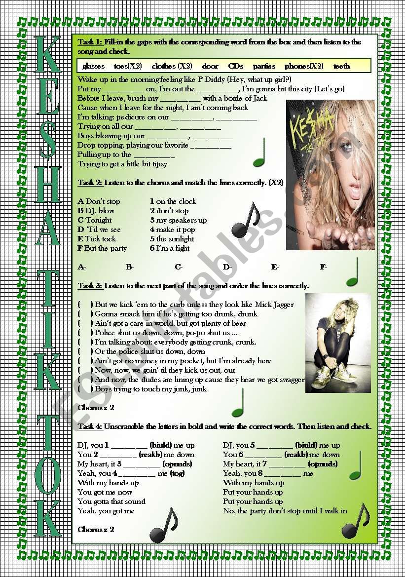 Kesha Tik Tok Listening Song Based Activity Fully Editable And