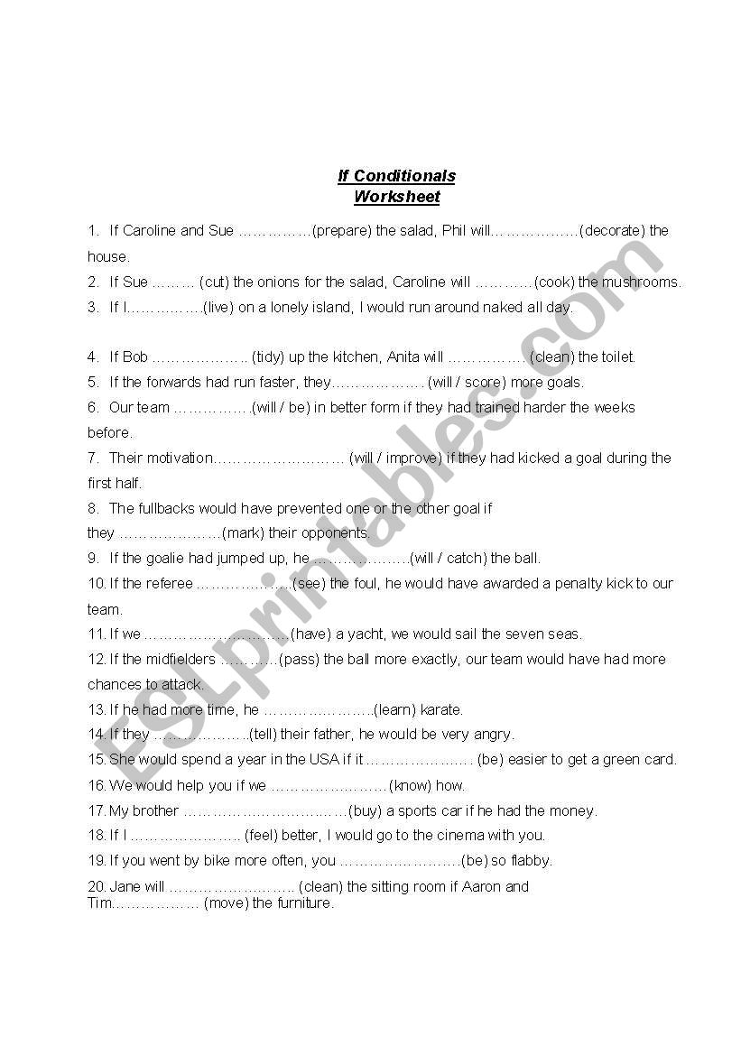 If Conditionals Worksheet worksheet