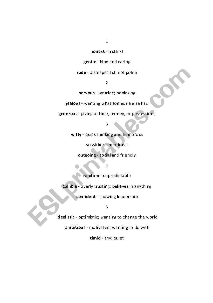 Personality Jeopardy worksheet