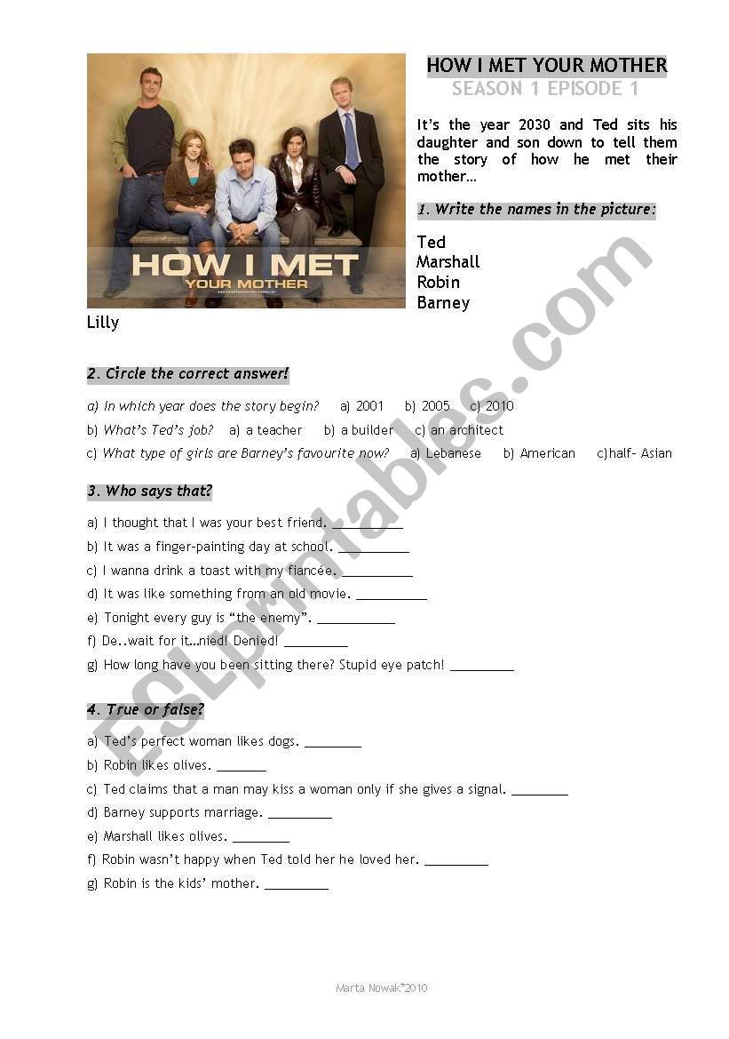 HOW I MET YOUR MOTHER  TV series s01e01 worsheet