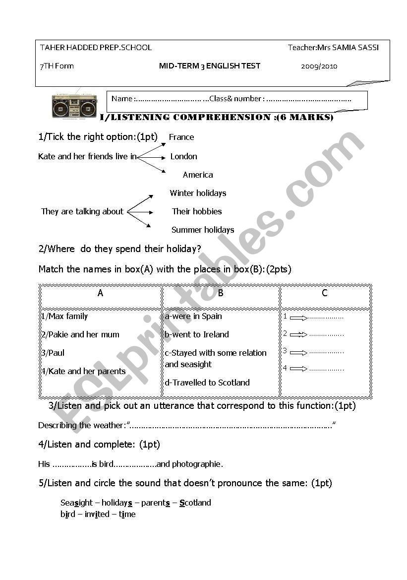 Mid term 3 test (7th form) worksheet