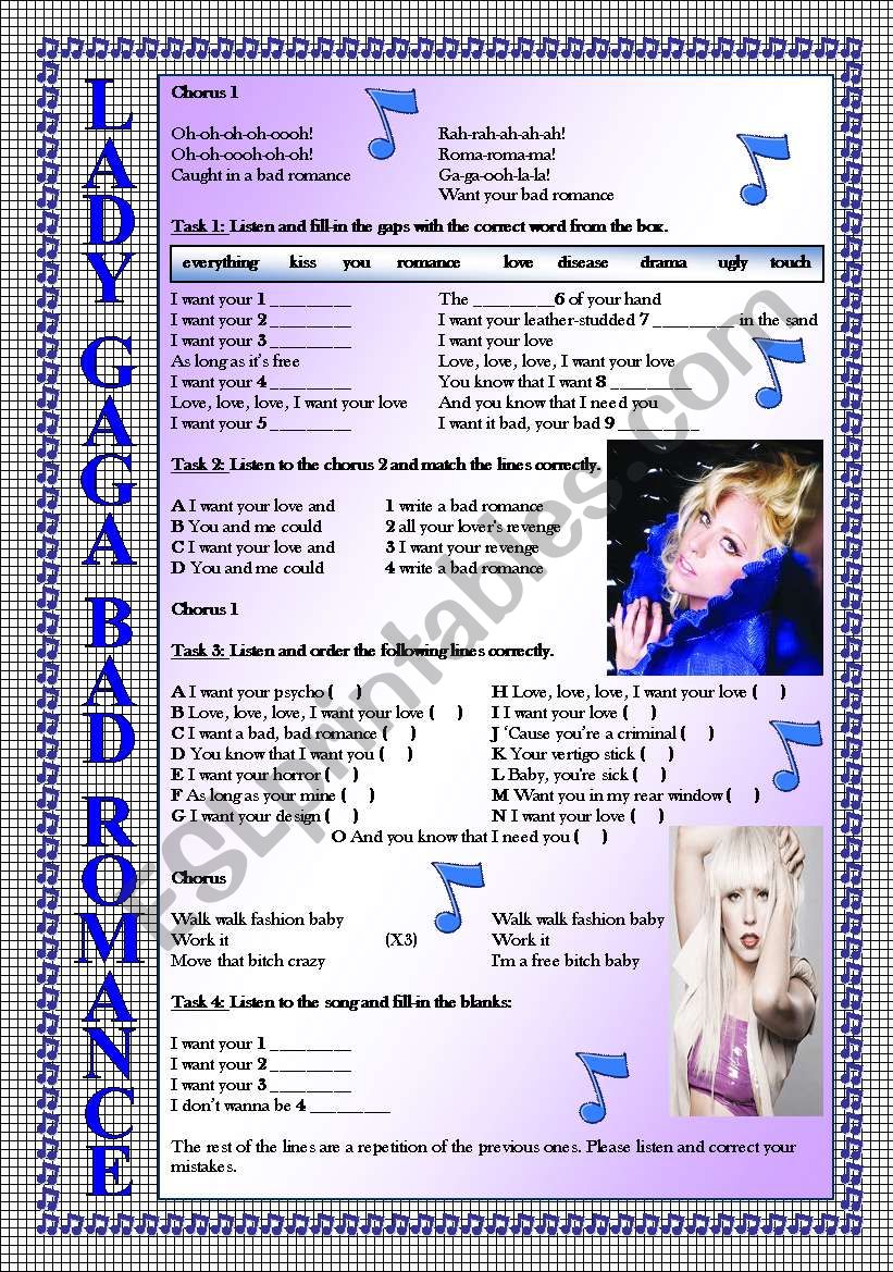 LADY GAGA Bad Romance LISTENING song-based activity (FULLY EDITABLE AND KEY INCLUDED!!!)