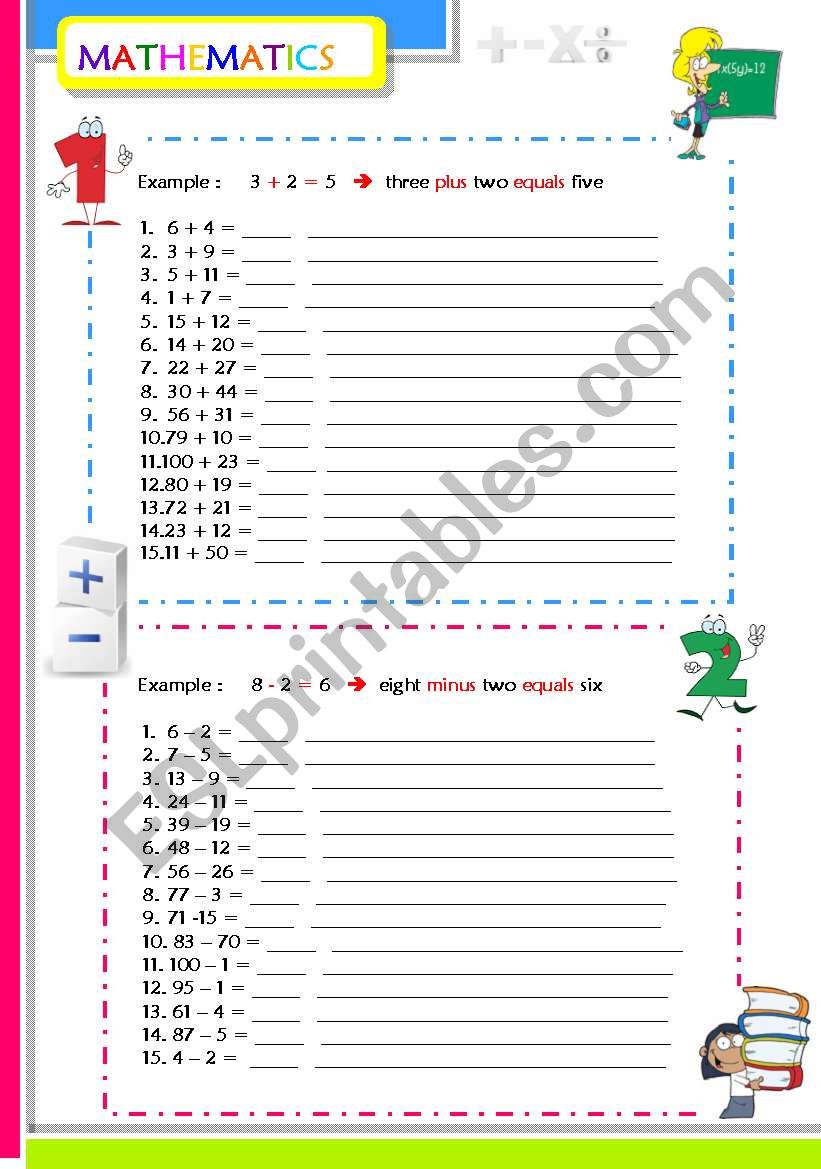 addition-subtraction-multiplication-division-2-pages-answer-key-included-esl-worksheet