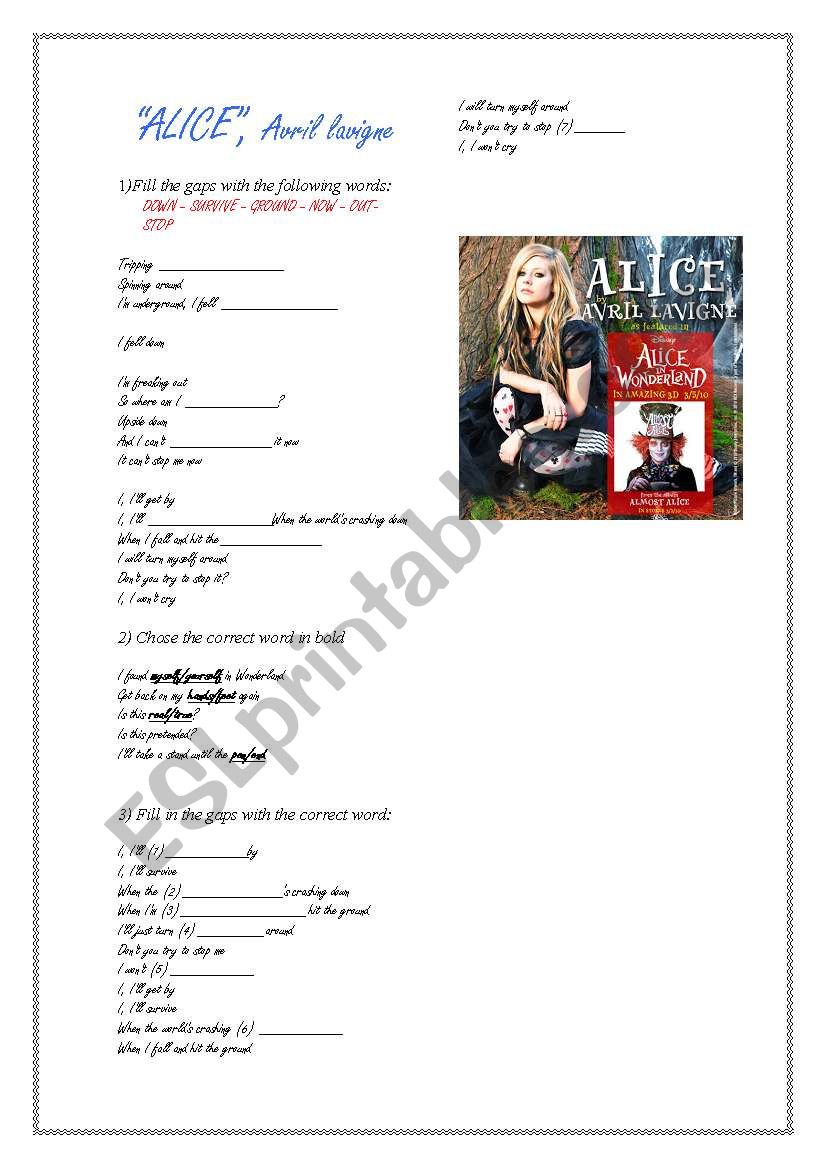 ALICE, Avril Lavigne worksheet