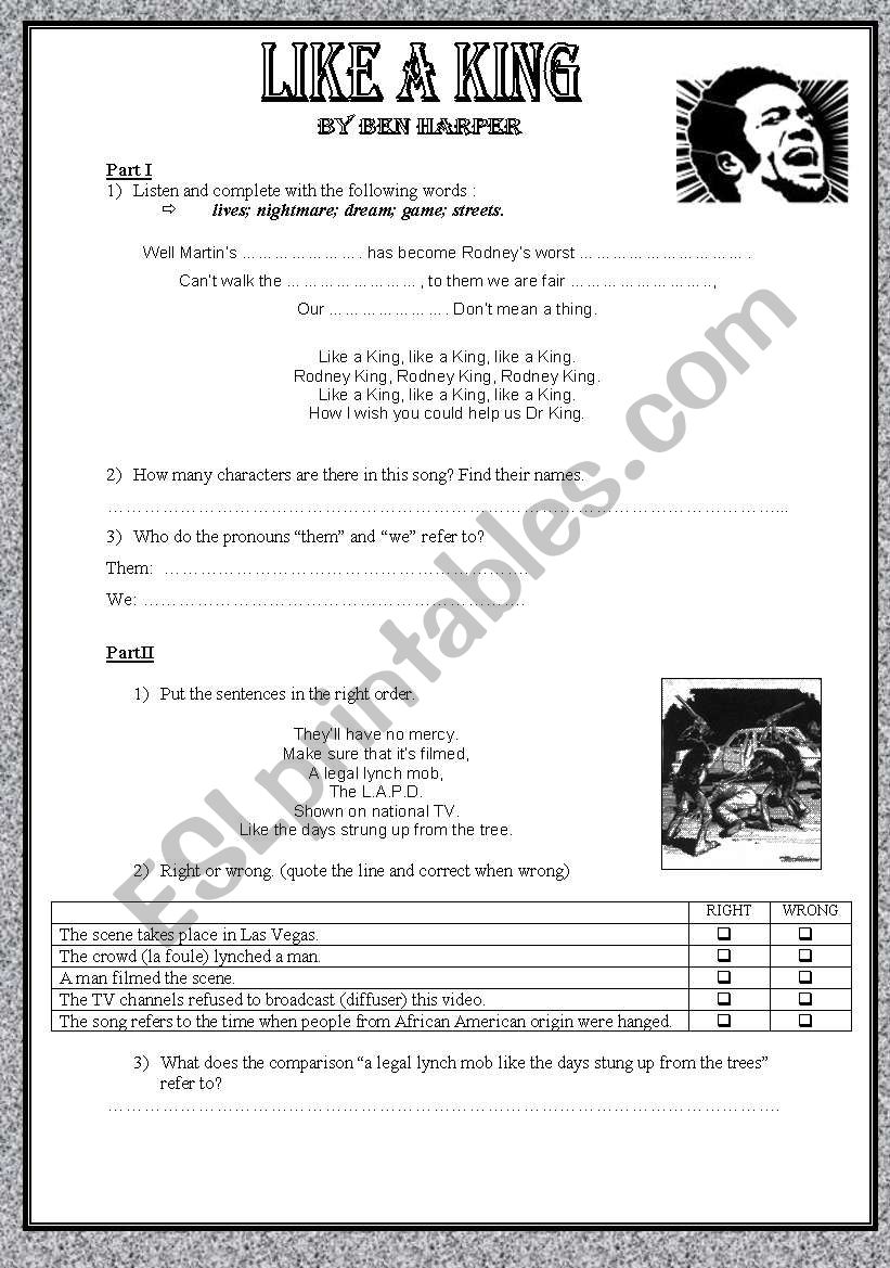 like a king-Ben harper  worksheet