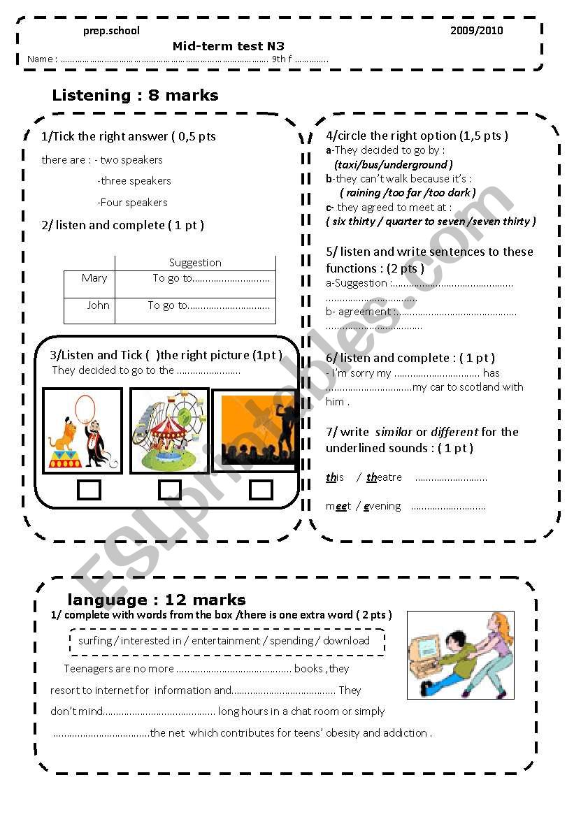 9th form mid term3 test  worksheet