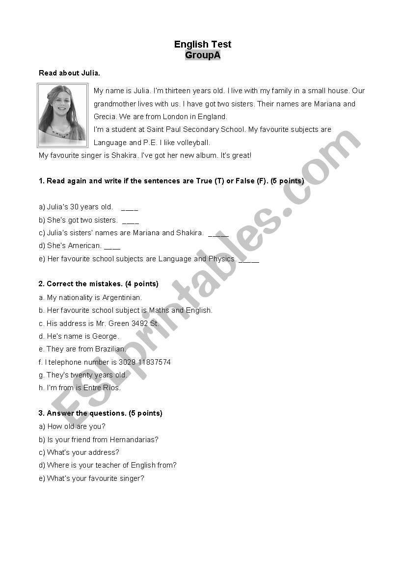 English test Present Simple Personal Information