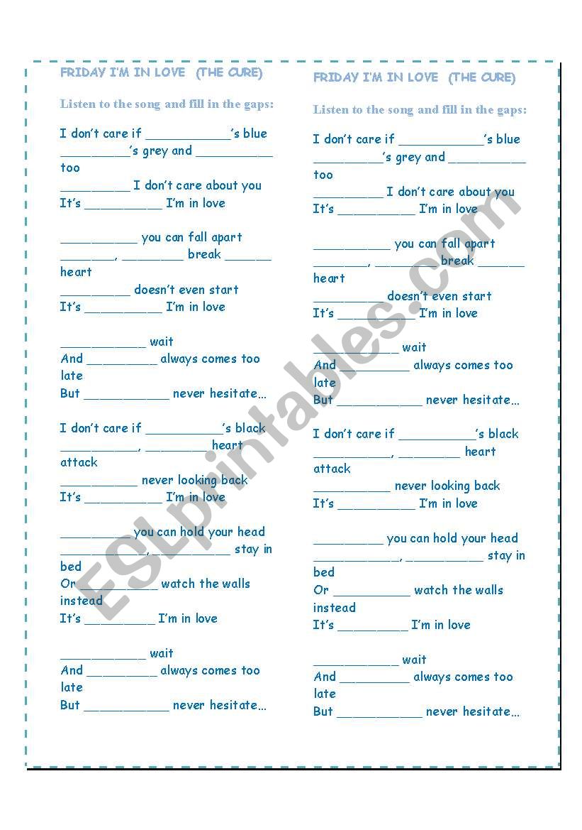 Friday Im love - The cure worksheet