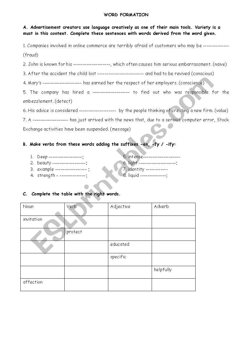 Word formation worksheet