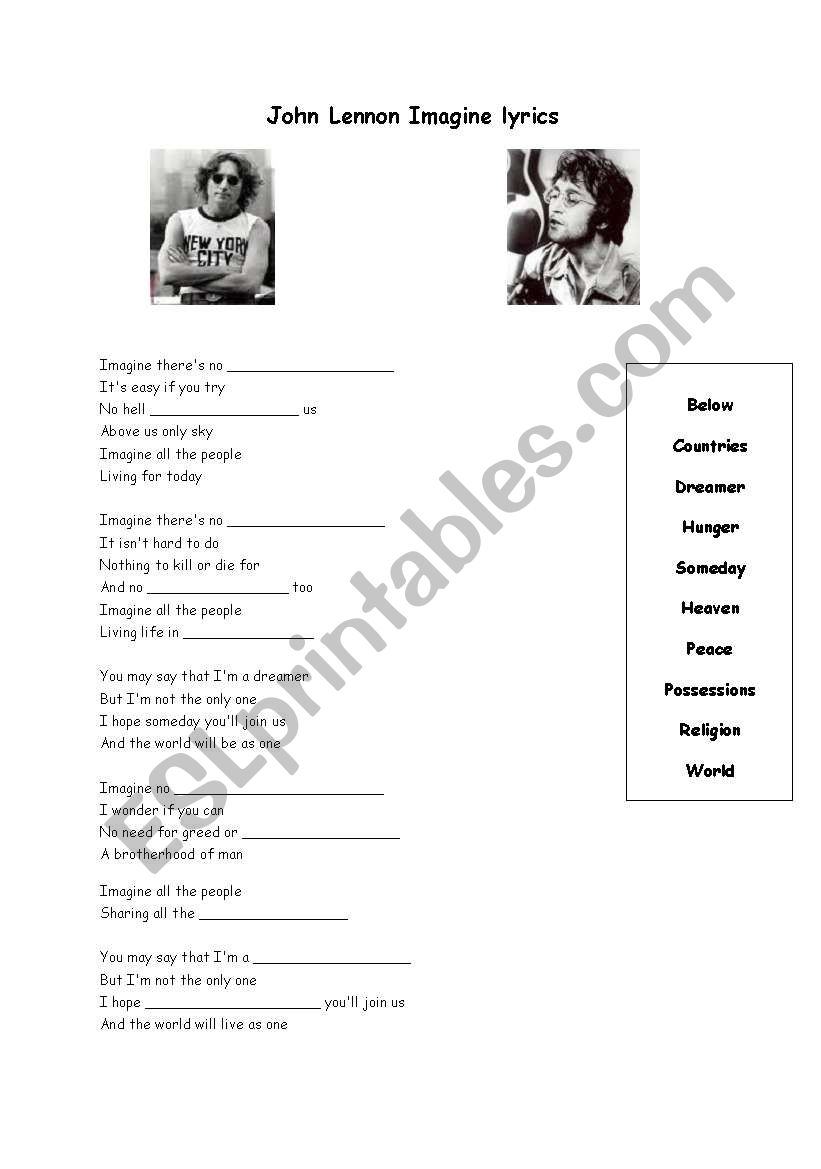 Imagine Lyrics by John Lennon worksheet