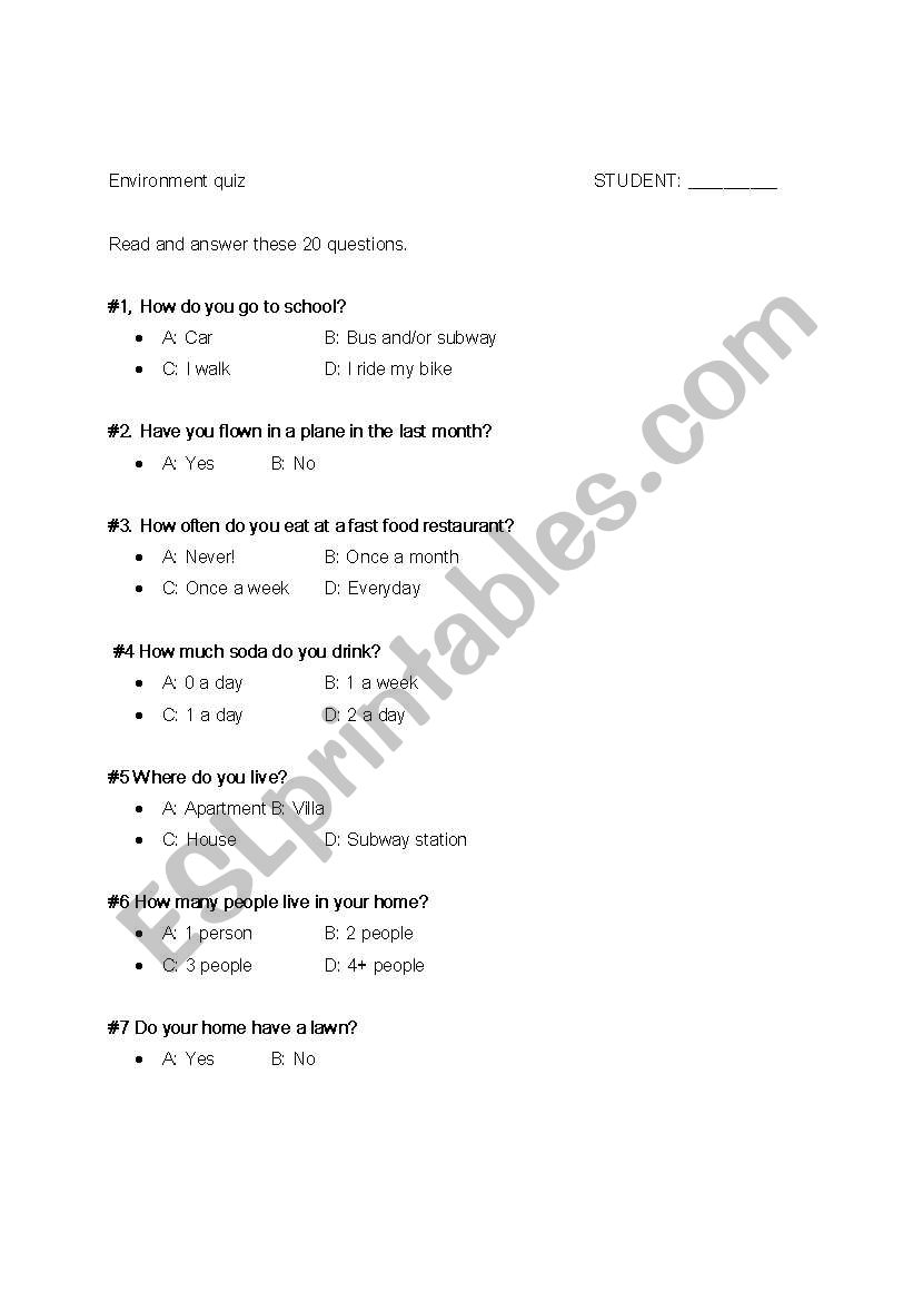 Earth Awareness Quiz worksheet
