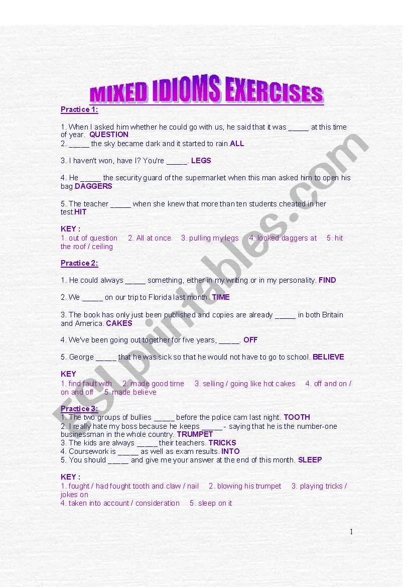 MIXED IDIOMS EXERCICES worksheet