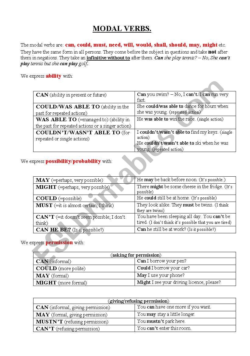 Modal Verbs worksheet