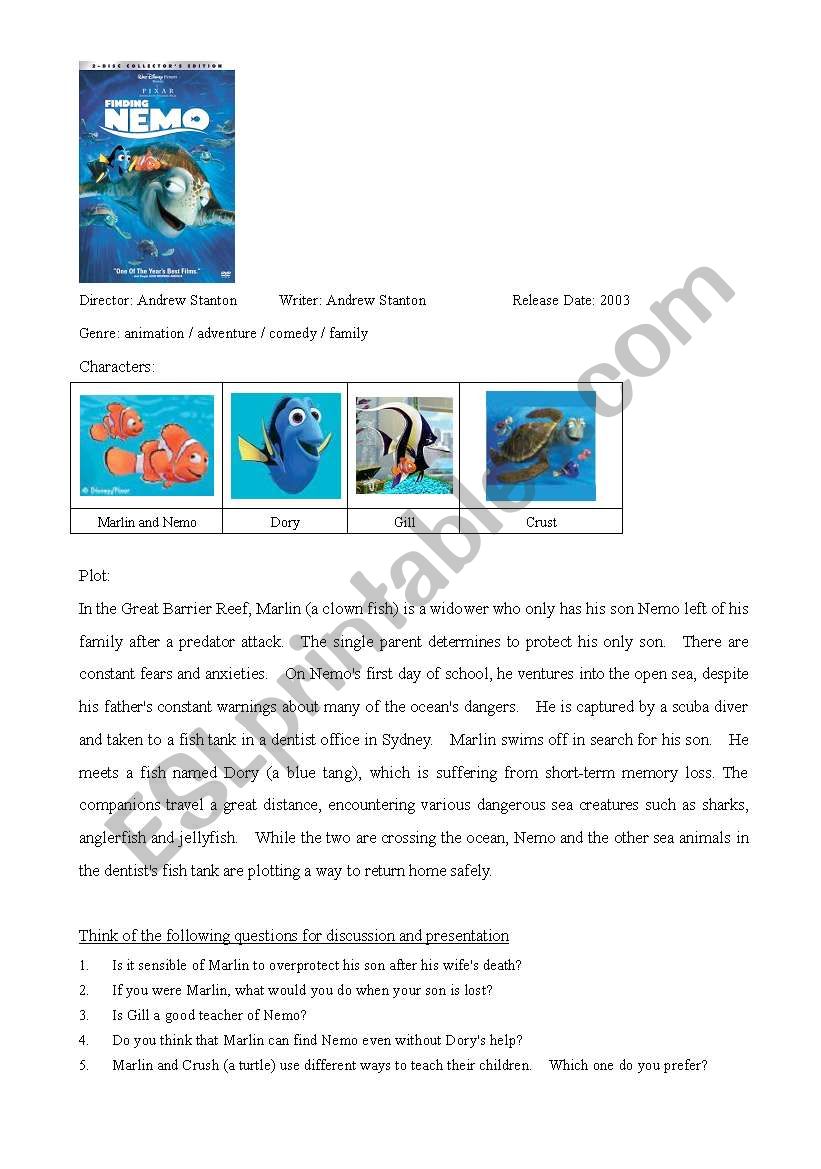 Finding Nemo worksheet