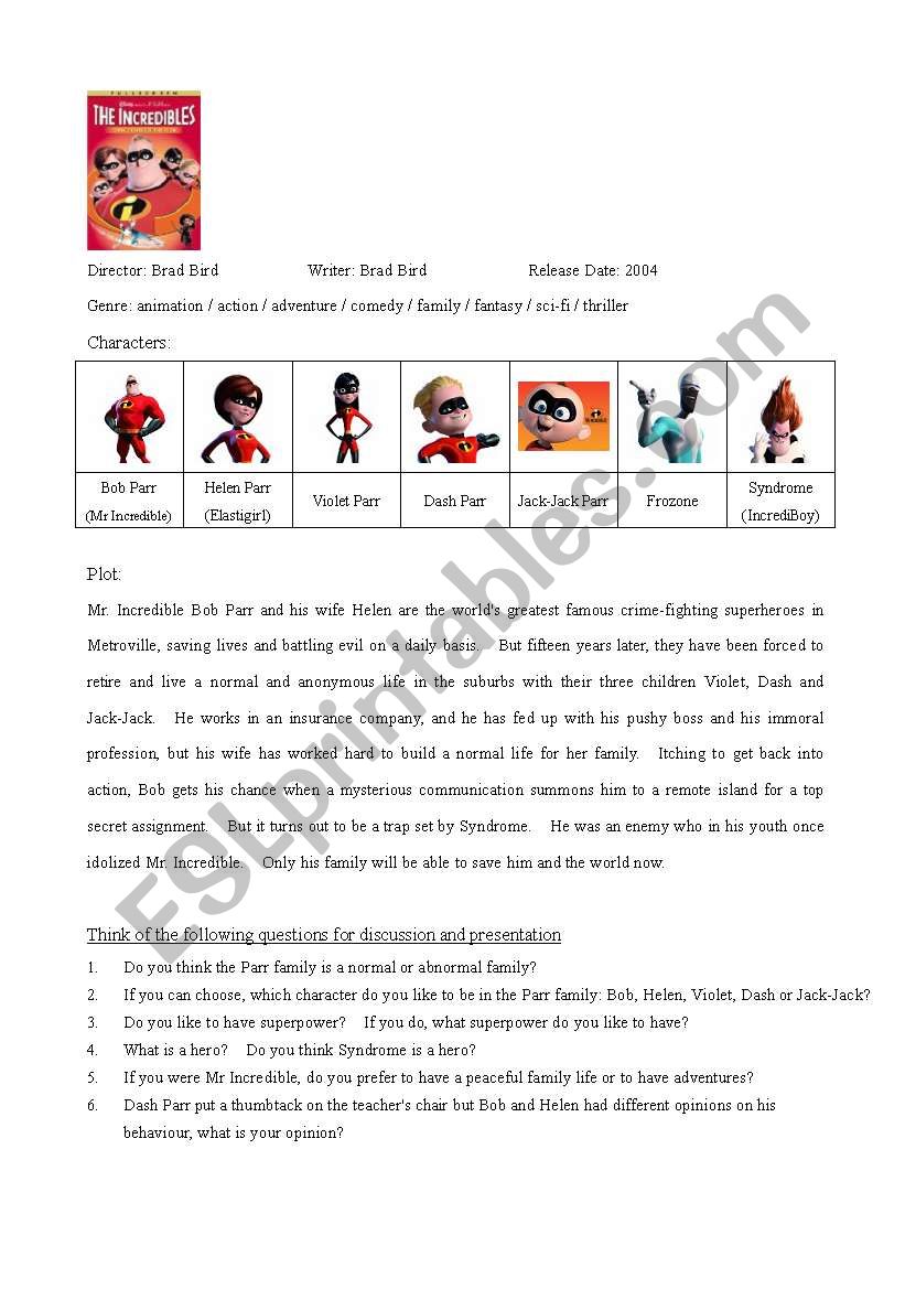 The Incredibles worksheet