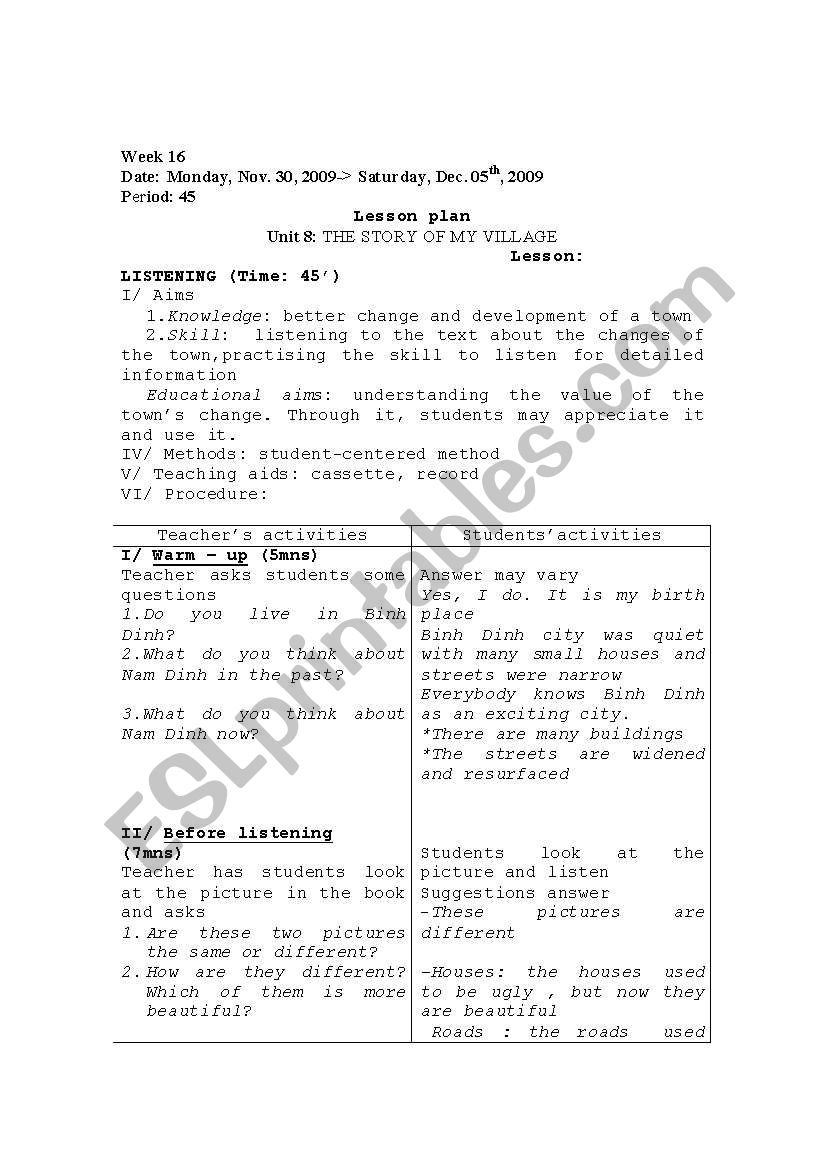 lesson plan of listening worksheet