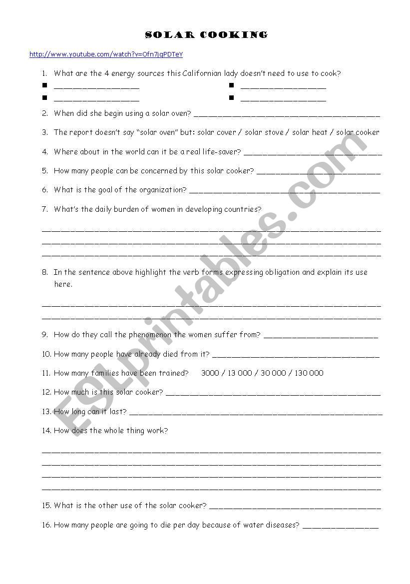 Solar cooking worksheet