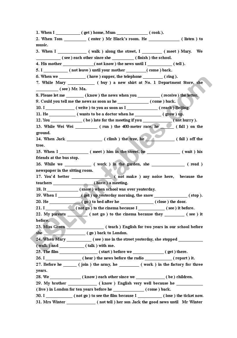 the tense excises worksheet