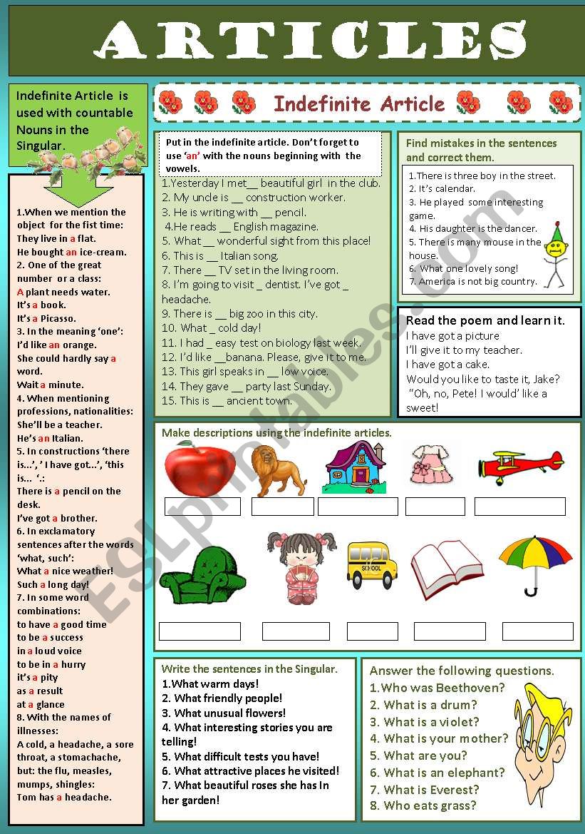 Articles worksheet