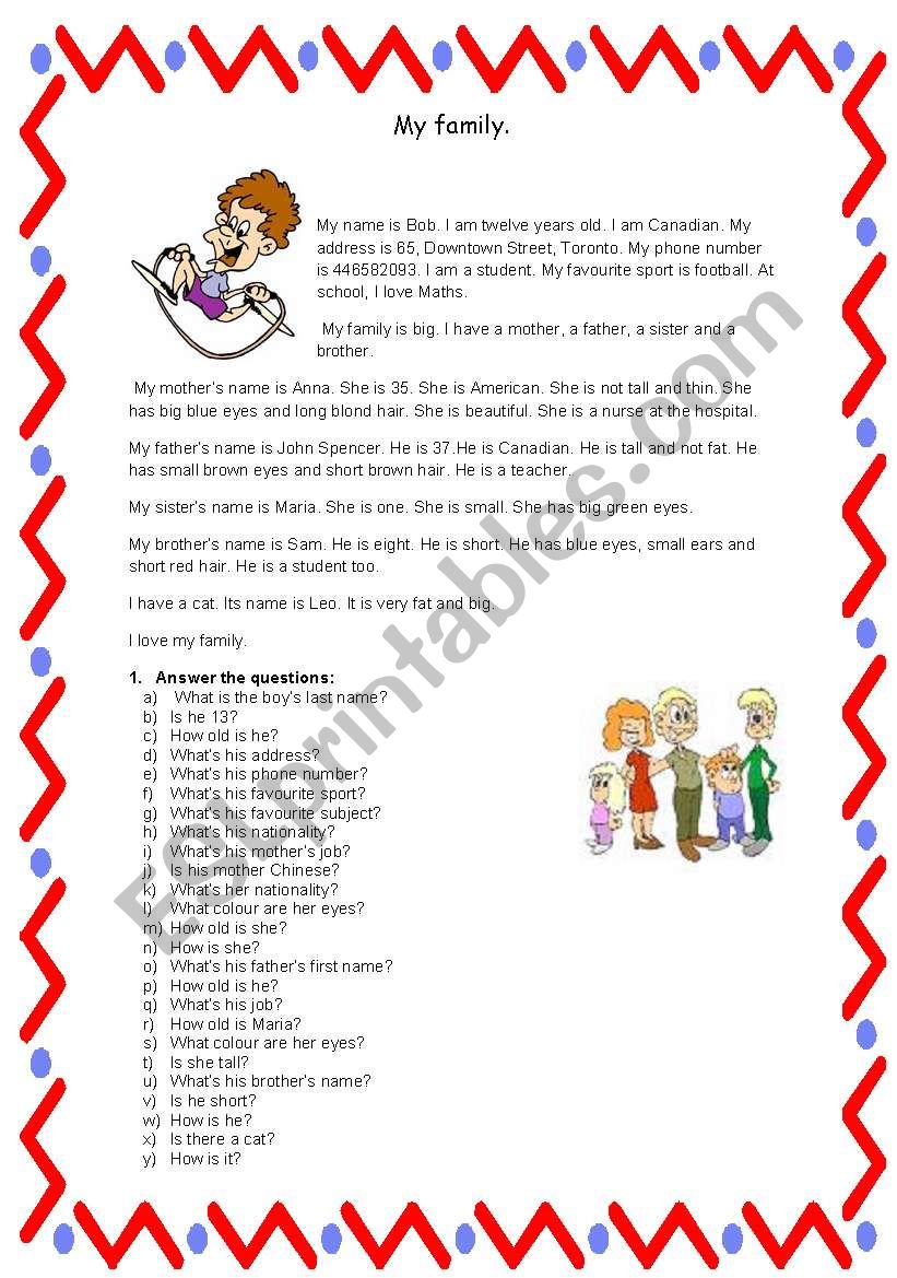 Reading Comprehension Bob worksheet