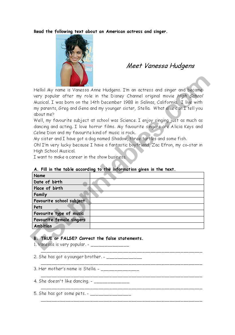 vanessa hudgens worksheet