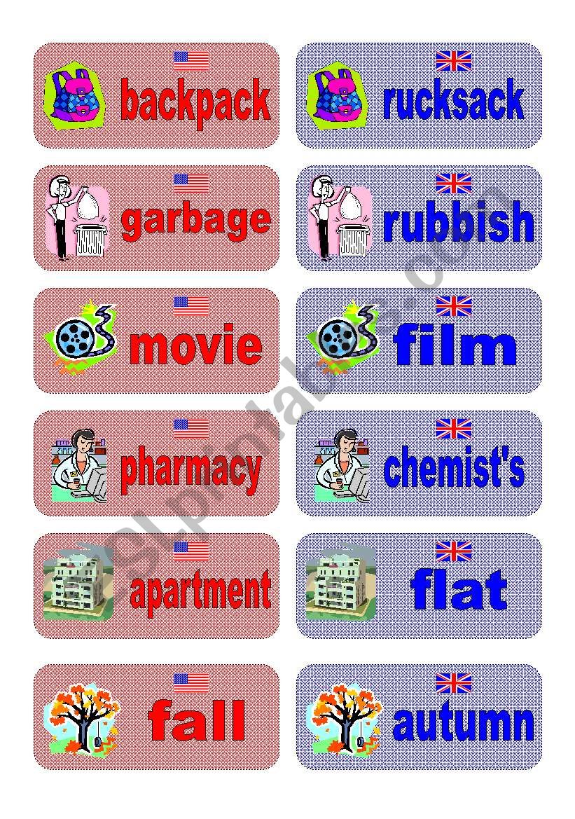 British English vs American English memory game - part 1