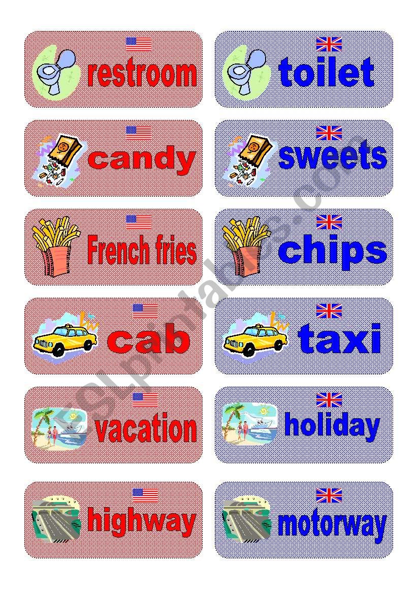 British English vs American English memory game - part 2