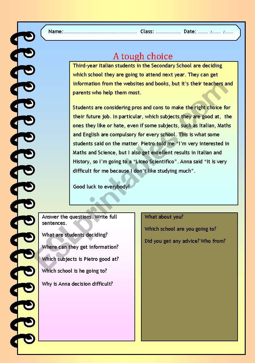 A tough choice worksheet