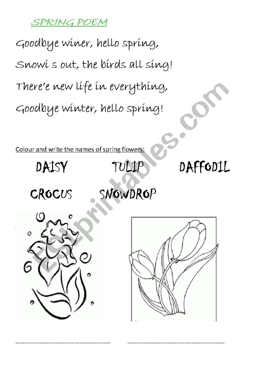 spring poem, spring flowers worksheet