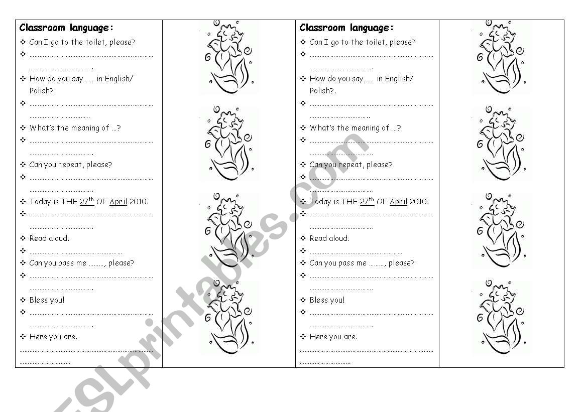 bookmark classroom language worksheet