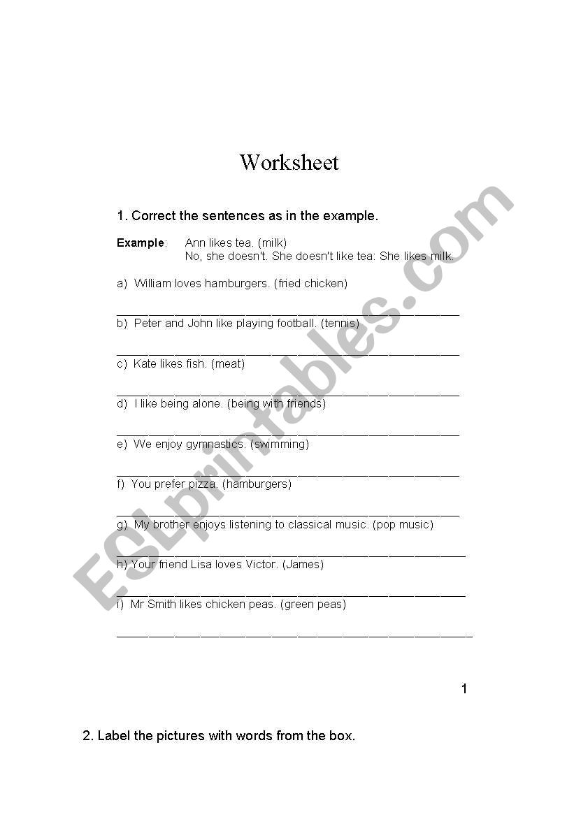 Likes and dislikes worksheet