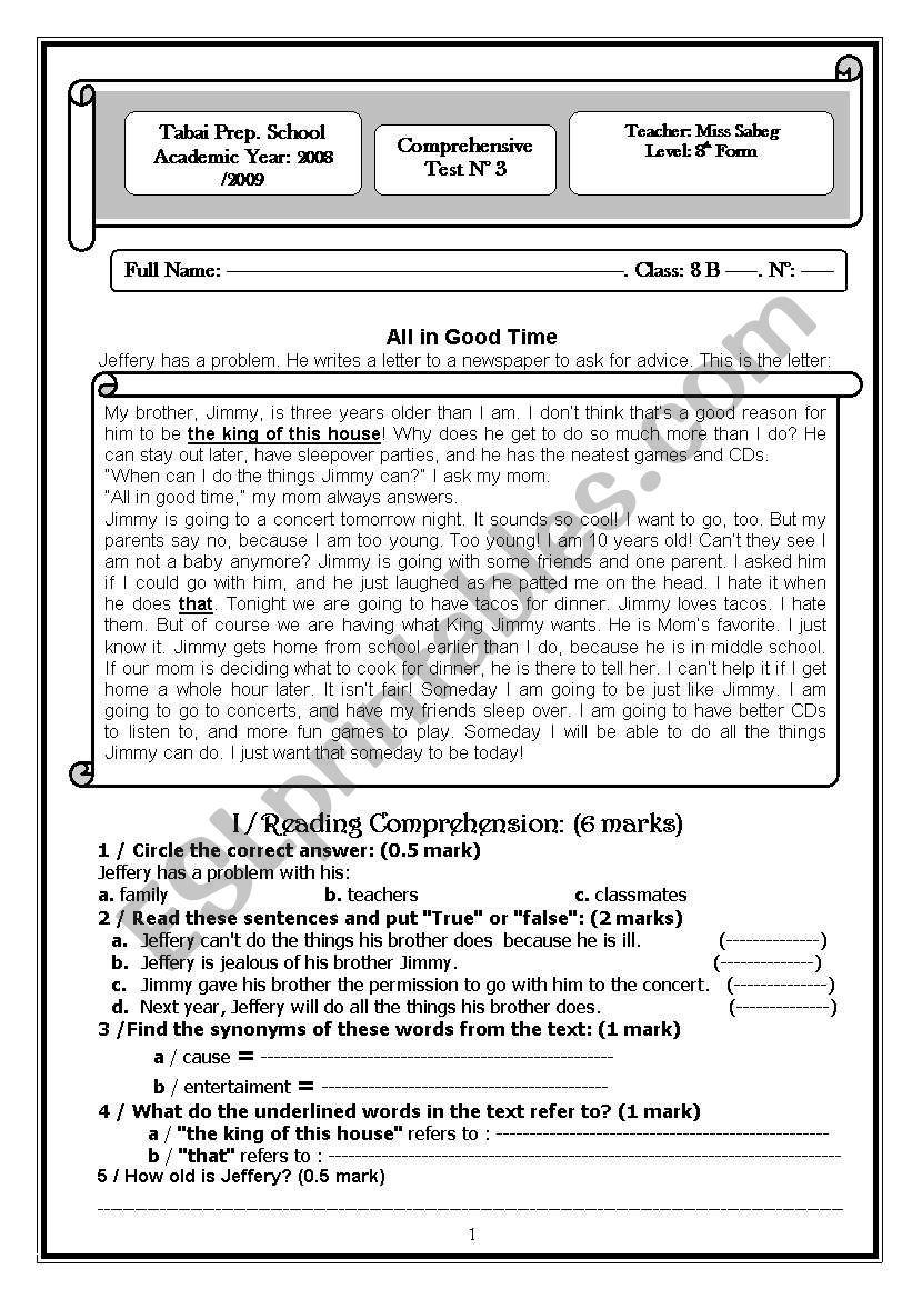 Comrehensive Test 8th form / Tunisian curriculum