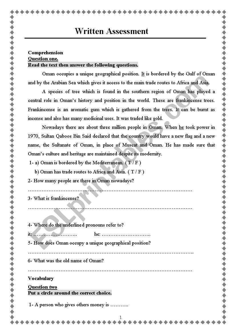 7th grade assessment worksheet