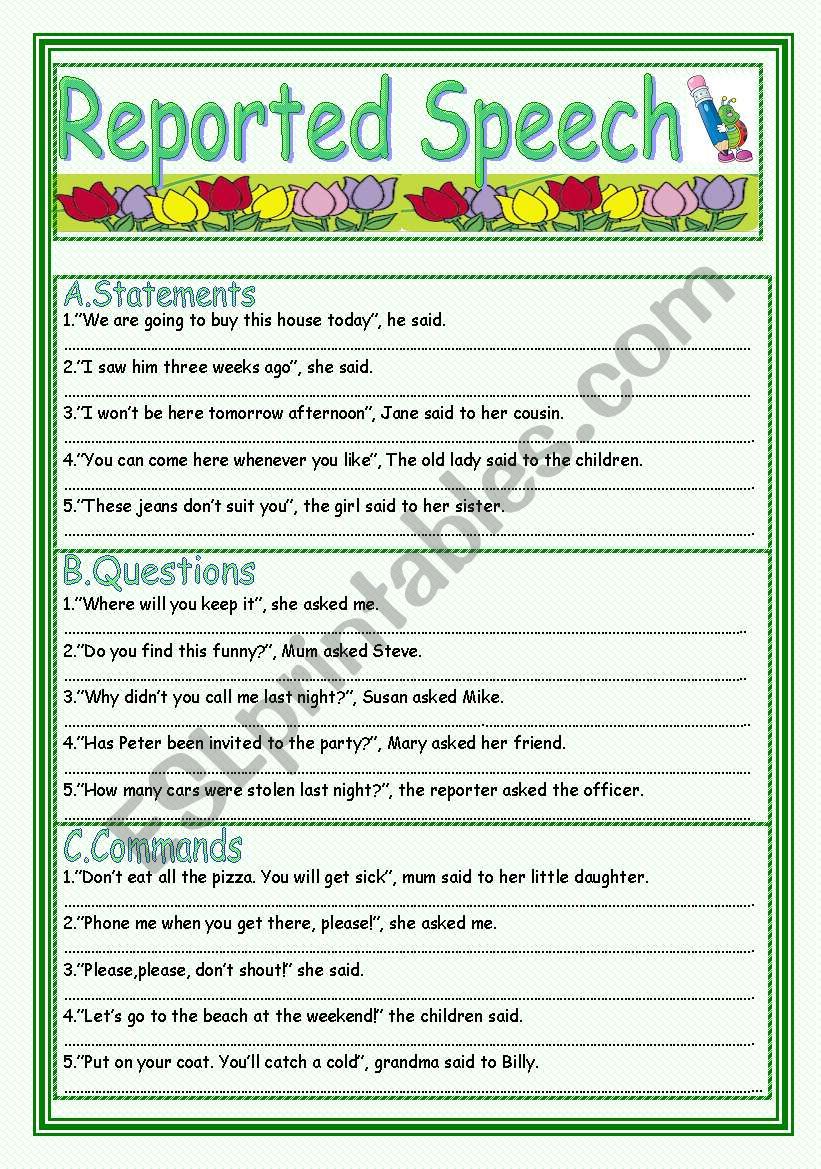 Reported Speech worksheet