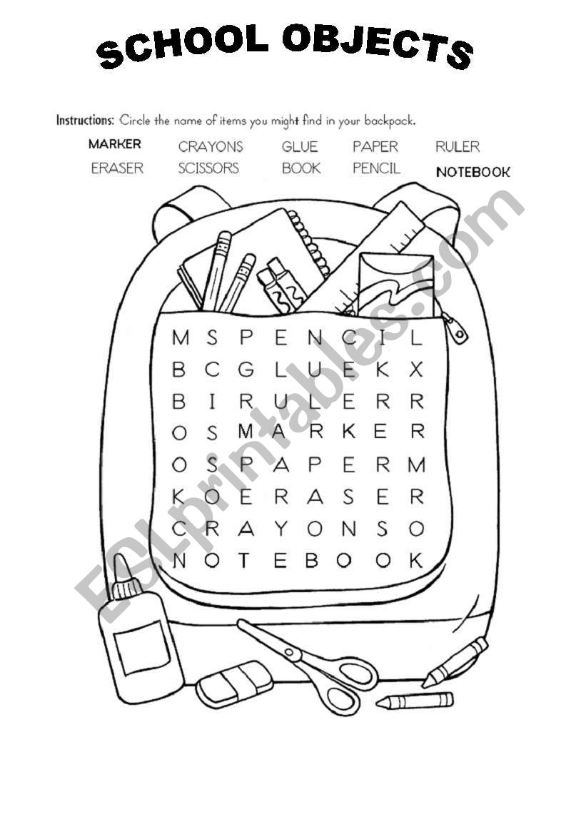 SCHOOL OBJECTS WORDSOUP worksheet