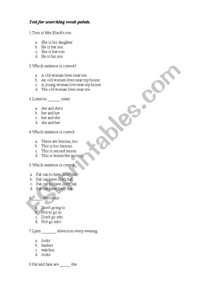 Test for defining weak points in English