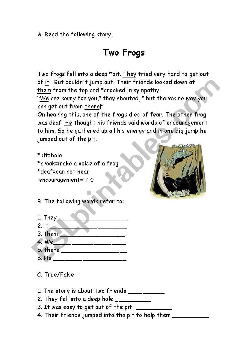 Two Frogs story worksheet