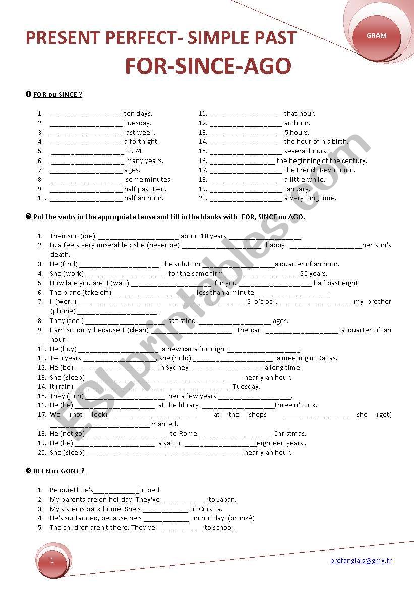 PRESENT PERFECT-SIMPLE PAST/FOR-SINCE-AGO