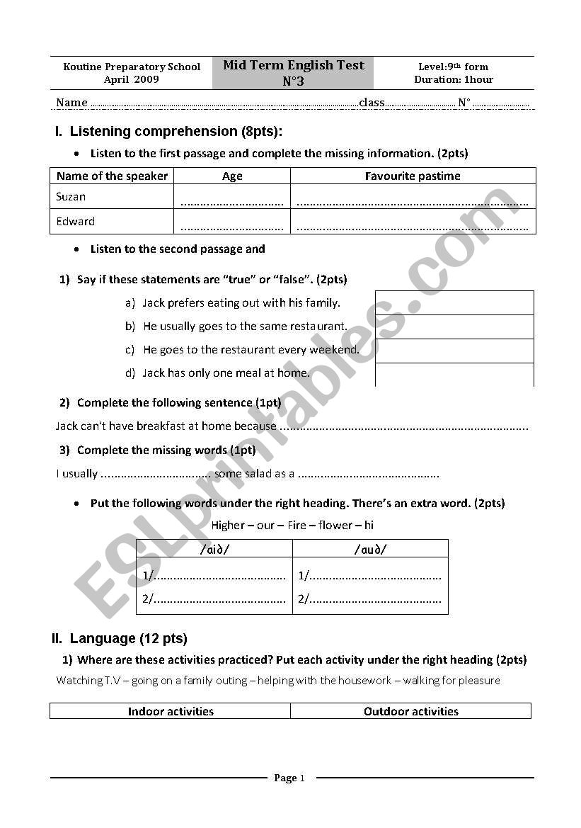 mid term test n3 tunisian 9th formers 