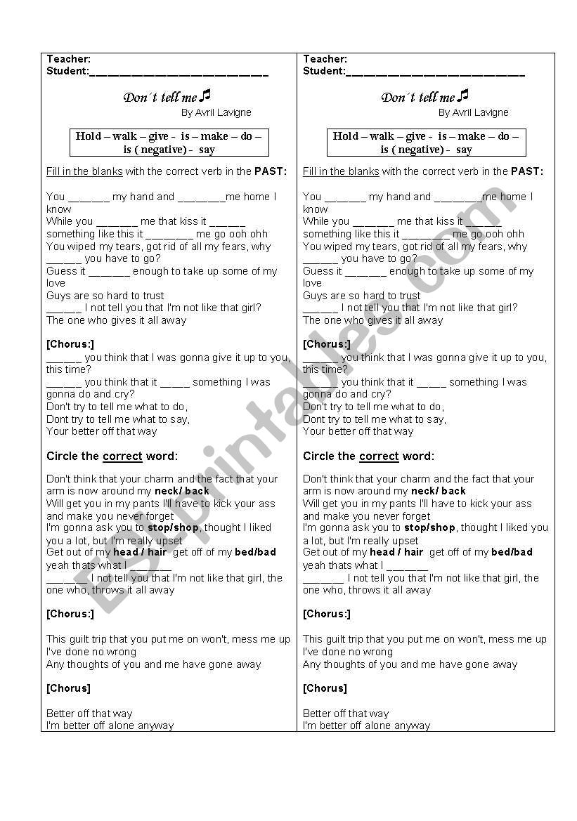 Dont tell me - Avril Lavigne worksheet