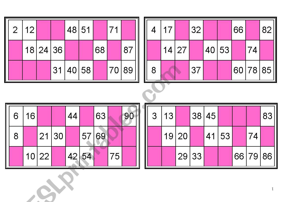 32 different European Bingo Cards with numbers from 1 to 90.