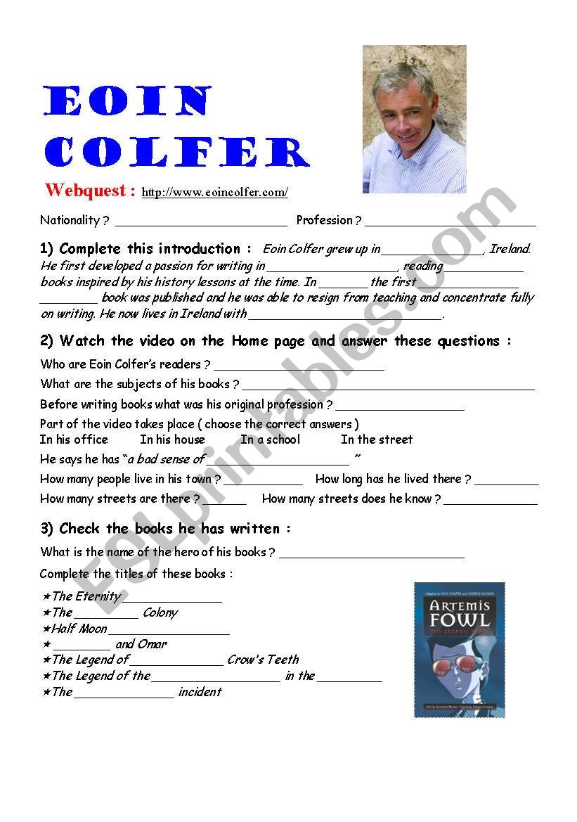 WEBQUEST : EOIN COLFER + Answer Key