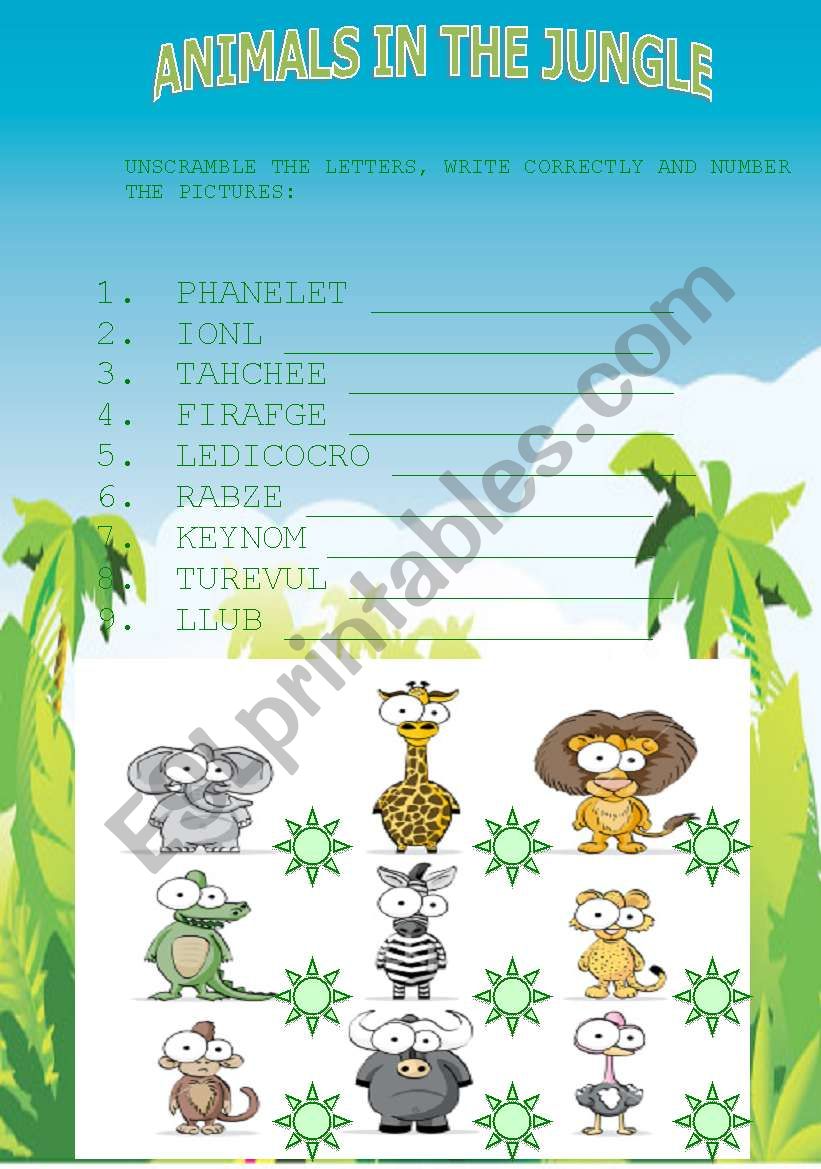 ANIMALS IN THE JUNGLE worksheet