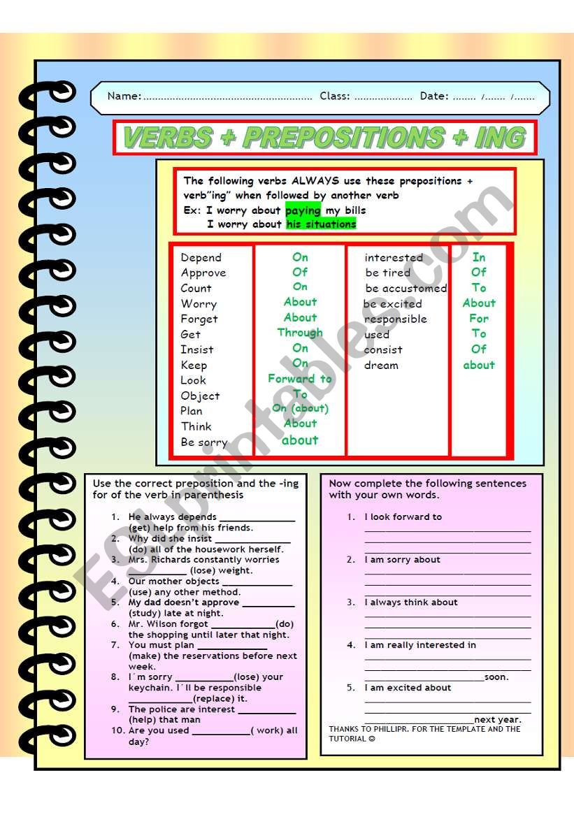 verbs + prepositions + ing verbs