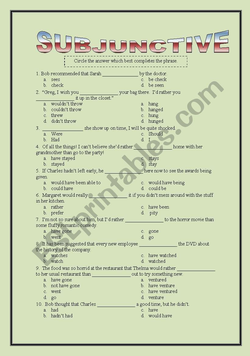 Subjunctive Multiple Choice worksheet