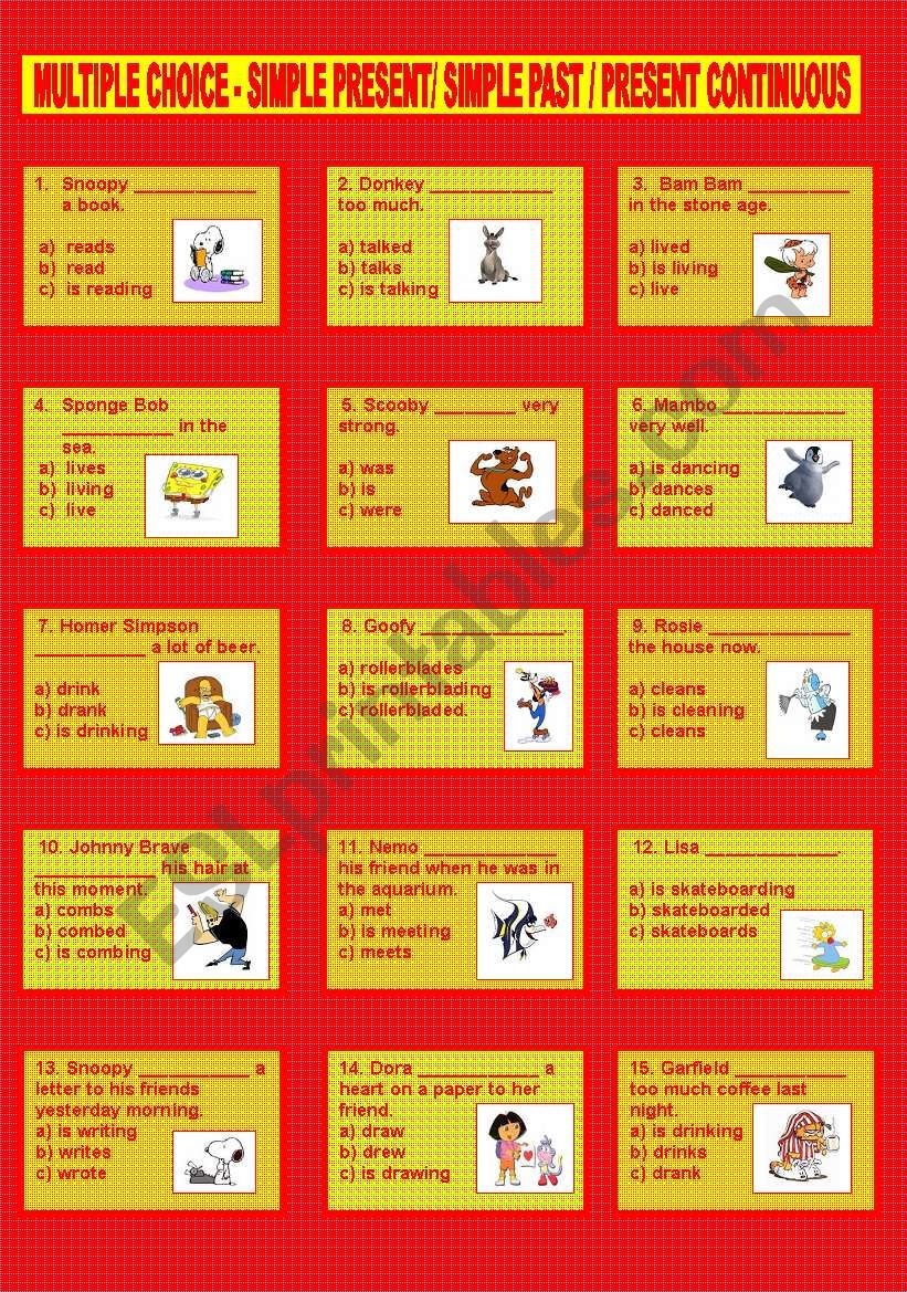Multiple choice - Simple Present / Simple Past / Present Continuous