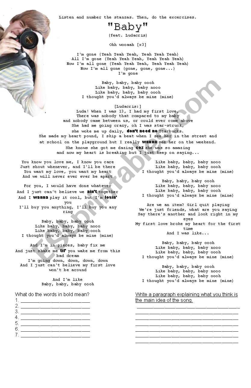 Justin Bieber Baby worksheet