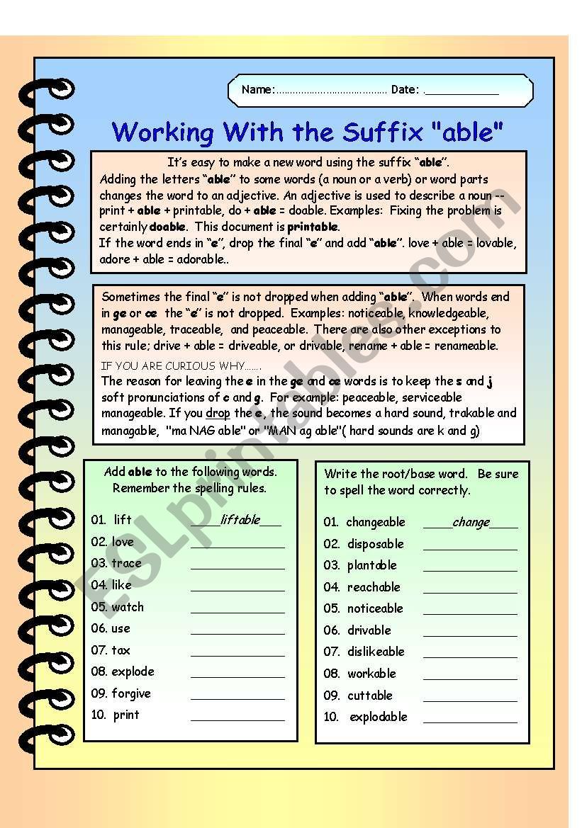 Working with the Suffix able.  Editable with Answer Key.