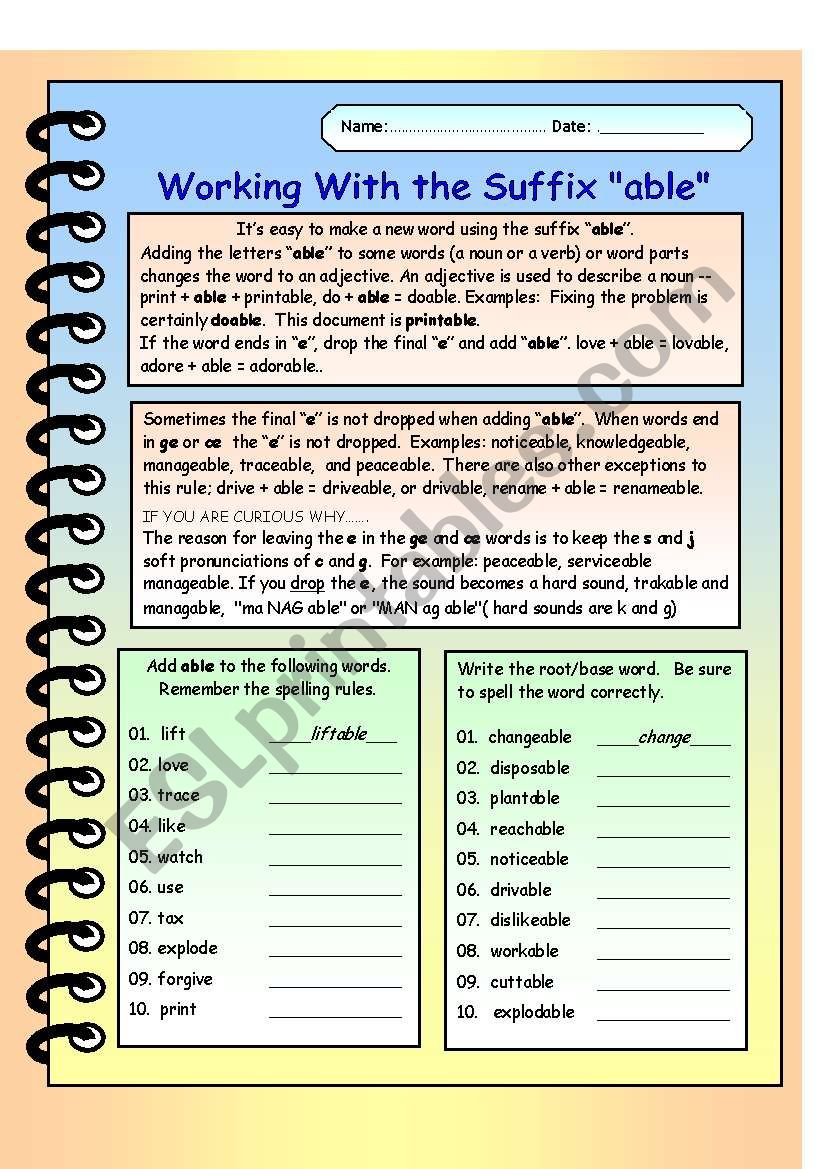 Working with the Suffix “ableâ€. Editable with Answer Key. Working with the Suffix “ableâ€. Editable with Answer Key.
