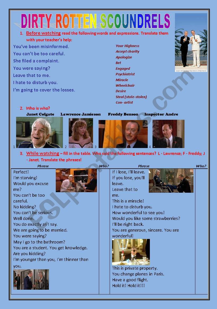 DIRTY ROTTEN SCOUNDRELS - full movie worksheet!